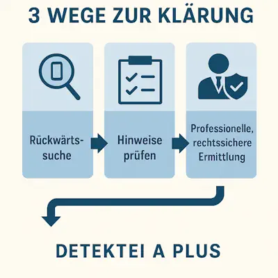 Die Infografik zeigt drei Wege zur Klärung, wem eine Handynummer gehört: Rückwärtssuche, Hinweise prüfen und professionelle, rechtssichere Ermittlung durch die Detektei A Plus