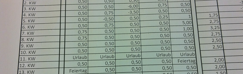 Zeitabrechnung eines Mitarbeiters zum Abgleich für eine Arbeitszeitkontrolle.
