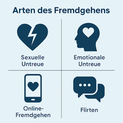 Infografik mit vier Arten des Fremdgehens: sexuelle Untreue, emotionale Untreue, Online-Fremdgehen und Micro-Cheating, dargestellt mit einfachen Icons.