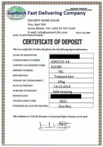 Gefälschtes Dokument "Certifikate of Deposit"