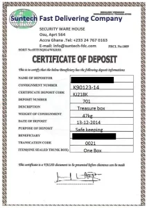 Gefälschtes Dokument "Certifikate of Deposit"