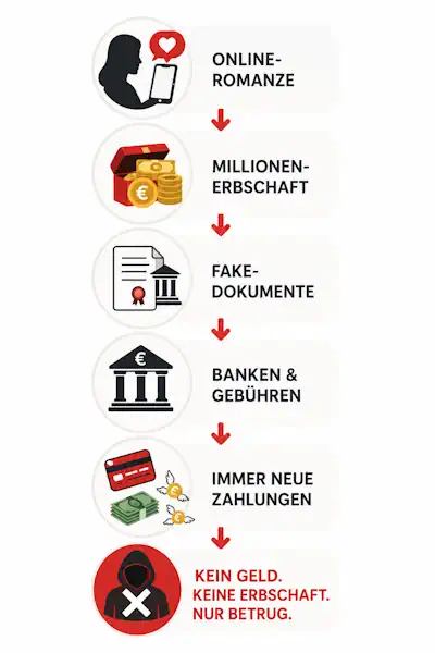Infografik zum Erbschaftsbetrug beim Romance Scamming: Ablauf vom Online-Kontakt über die angebliche Millionen-Erbschaft und gefälschte Dokumente bis zu immer neuen Gebühren und dem finanziellen Verlust des Opfers