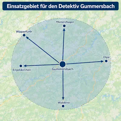 Karte des Einsatzgebietes für den Detektiv Gummersbach mit Gummersbach im Zentrum sowie den umliegenden Einsatzorten Wipperfürth, Meinerzhagen, Olpe, Waldbröl und Engelskirchen.