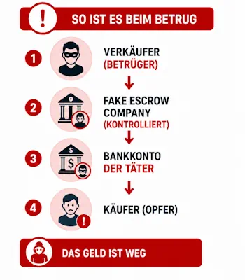 Infografik zum Escrow Betrug: Vergleich zwischen einem seriösen Escrow-Verfahren und einem gefälschten Treuhandunternehmen. Die Grafik zeigt, wie Betrüger Verkäufer, Escrow Company und Bankkonto kontrollieren und so Zahlungen auf ihr eigenes Konto umleiten.