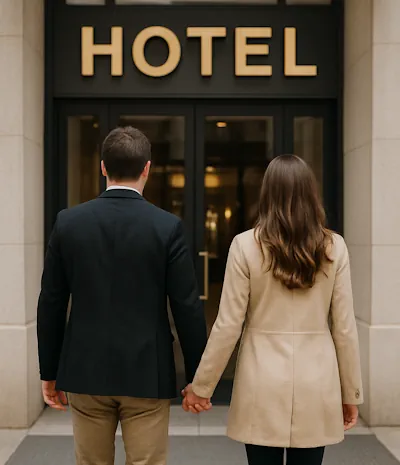 Paar geht von hinten Hand in Hand in ein Hotel – symbolische Darstellung eines möglichen Seitensprungs oder heimlichen Treffens.