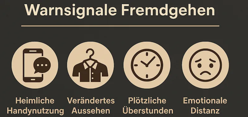 Infografik zu vier Anzeichen für Fremdgehen: heimliche Handynutzung, verändertes Aussehen, plötzliche Überstunden und emotionale Distanz – dargestellt durch schlichte beige Icons auf dunklem Hintergrund.