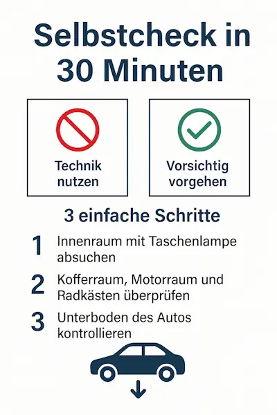Die Infografik zeigt einen einfachen Selbstcheck am Auto in 30 Minuten mit Sichtprüfung von Innenraum, Kofferraum und Unterboden.
